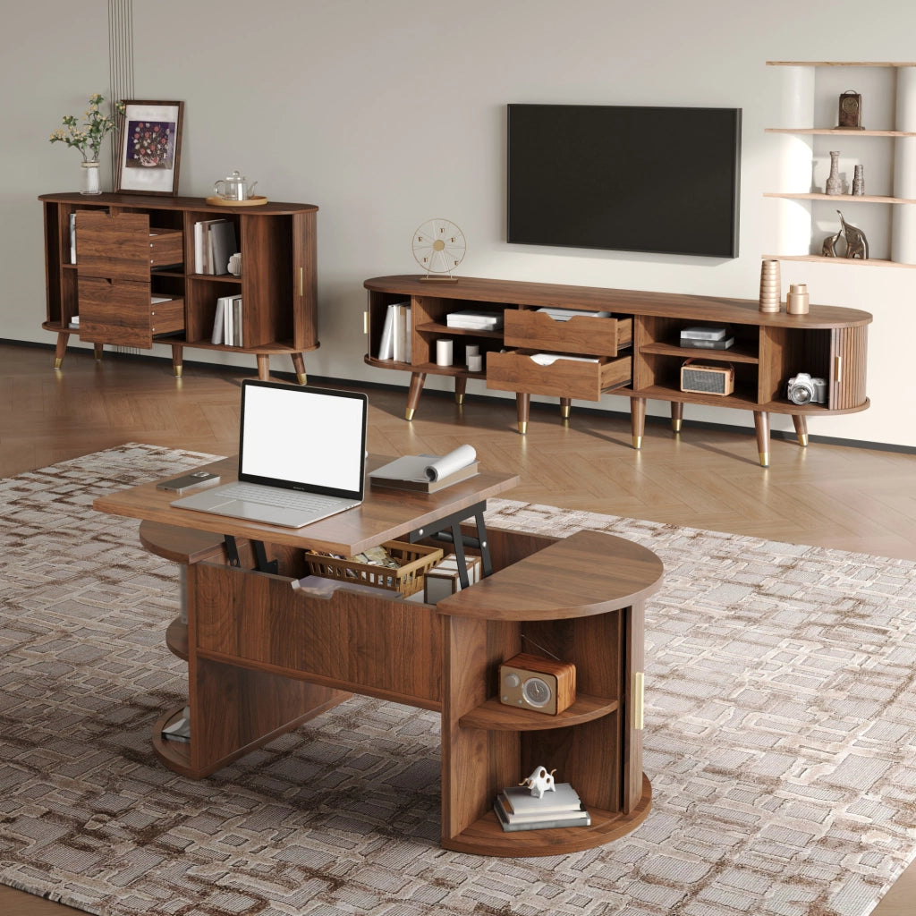 Set soggiorno 3 pezzi in MDF noce con contenitore e piano sollevabile