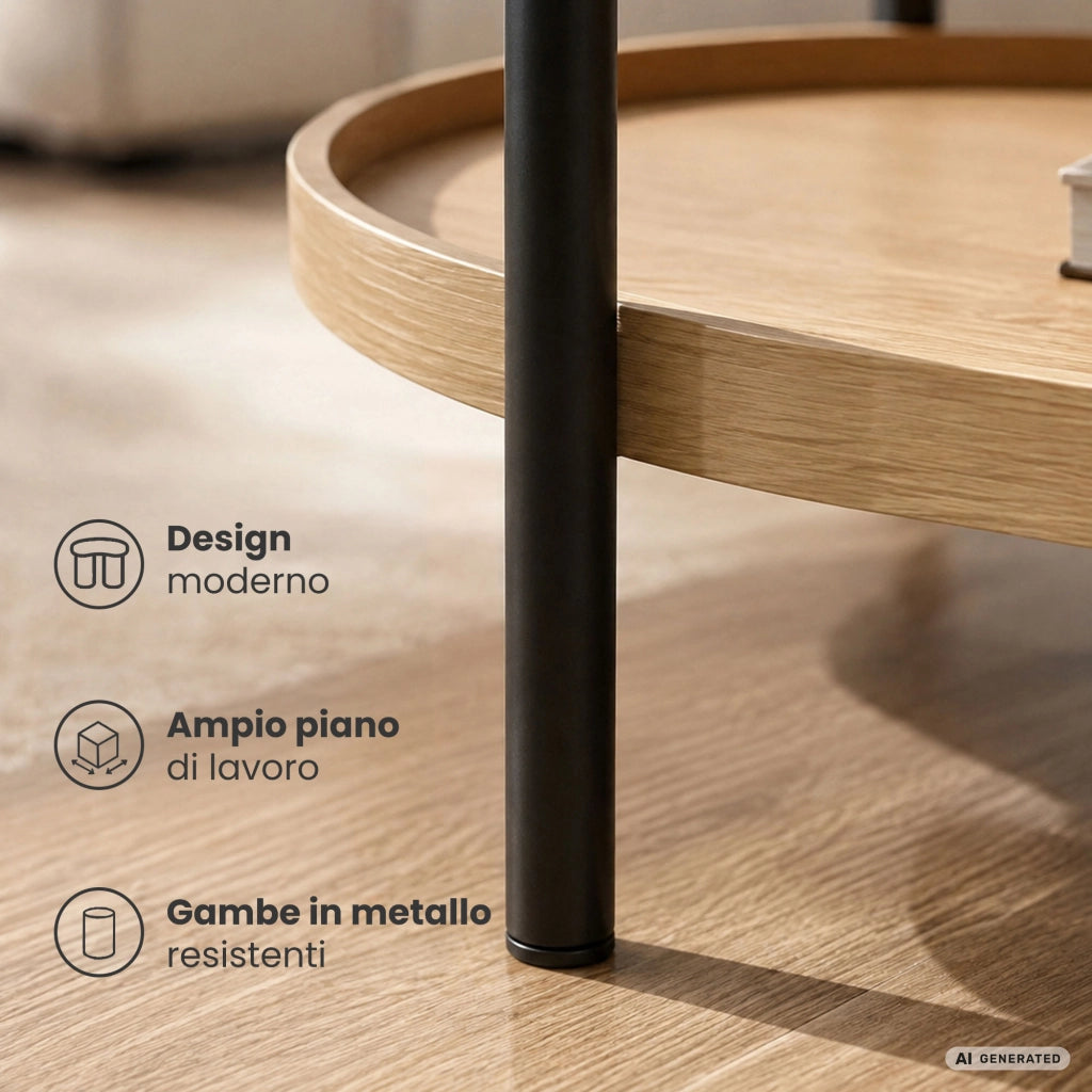 Tavolino da salotto stile loft CORTADO 90 cm ovale con ripiano legno naturale gambe nere