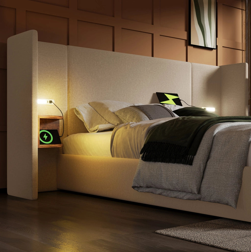 Letto matrimoniale 160x200 cm in lino beige con contenitore, LED e materasso