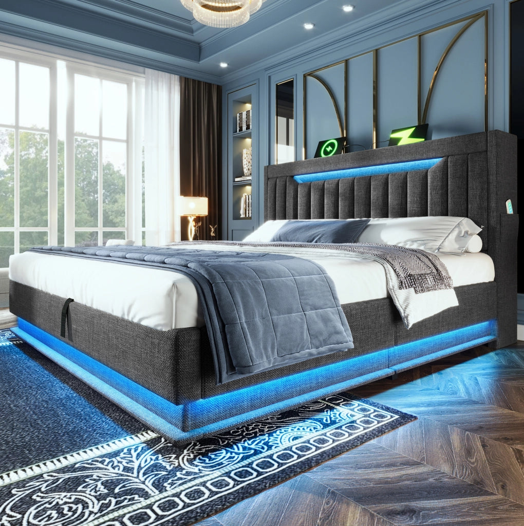 Letto contenitore 160x200 cm in lino grigio con USB e LED, senza materasso