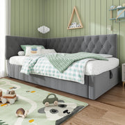 Letto singolo con contenitore 90 × 200 cm in velluto grigio con rete a doghe e testiera reversibile