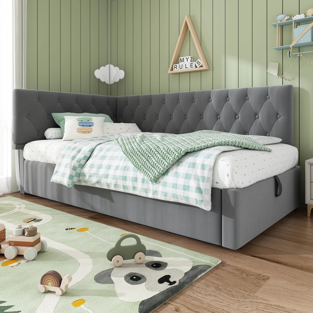 Letto singolo con contenitore 90 × 200 cm in velluto grigio con rete a doghe e testiera reversibile
