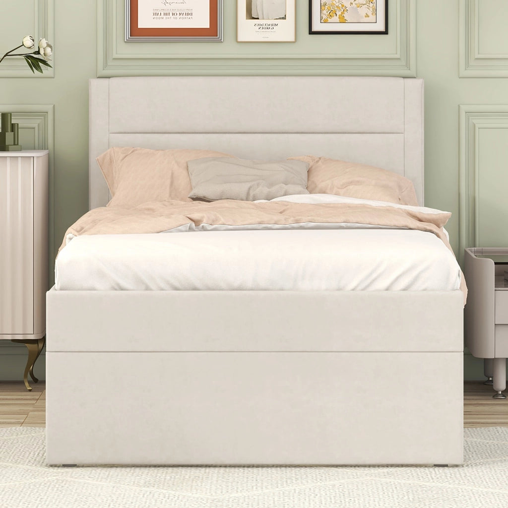 Letto Singolo 90x200 cm Contenitore con Rete a Doghe; in Legno Massello e MDF; Beige