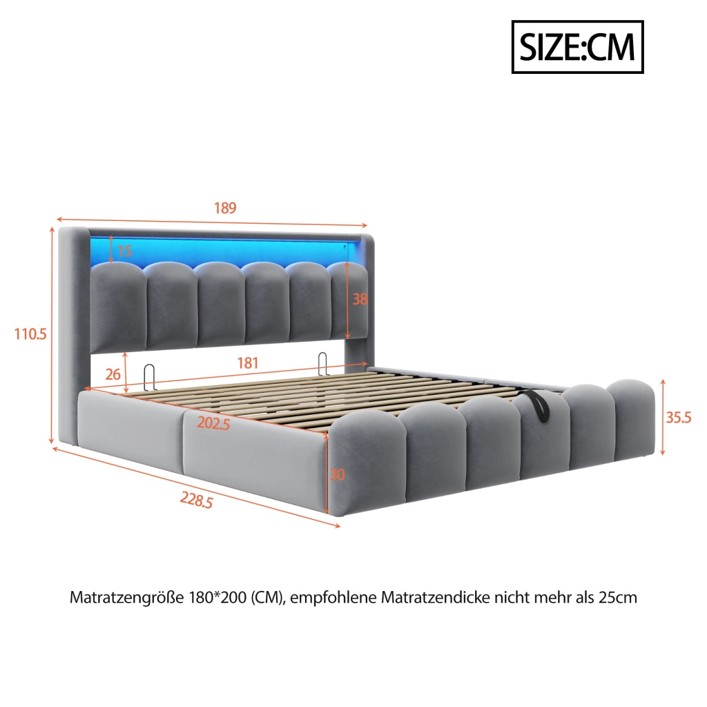 Letto matrimoniale imbottito 180 × 200 cm con contenitore idraulico LED USB e Type-C in velluto grigio