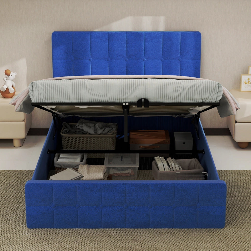 Letto imbottito per materasso 140 × 200 cm con testiera integrata rivestito in velluto blu navy