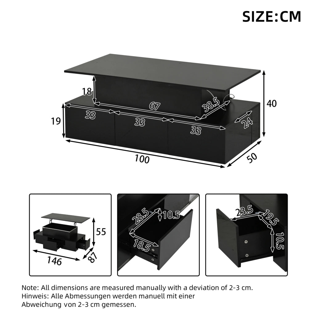 Tavolino da caff¨¨ 100x50 cm elevabile con LED, 4 cassetti e USB in MDF nero