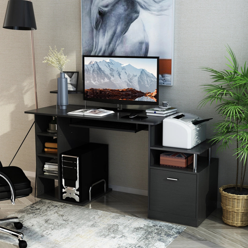 Scrivania per Computer Moderna con Cassetti e Ripiani ¨C Minimal ¨C Legno Nero 152x60x88cm