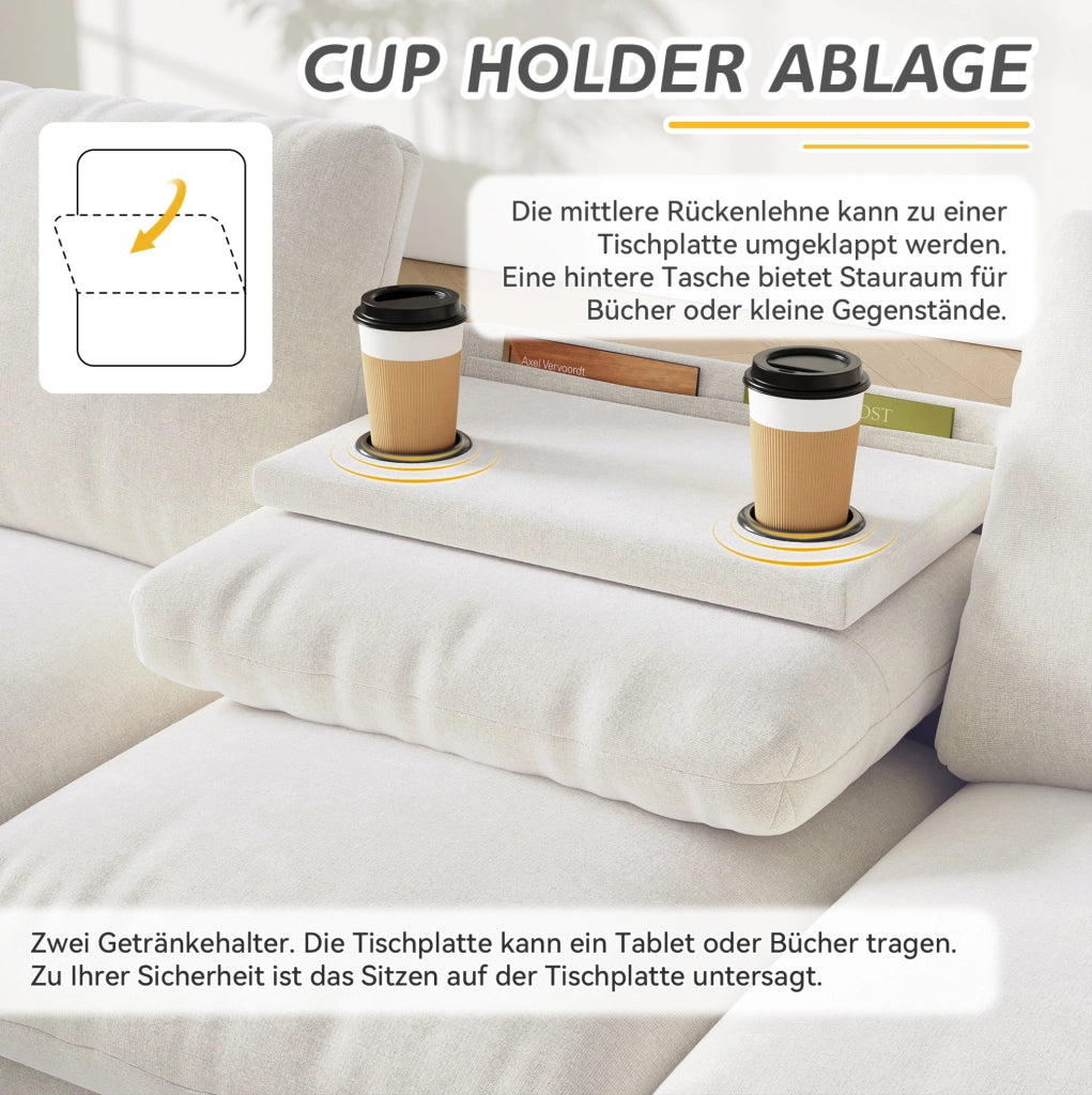 Divano letto angolare reversibile in ciniglia beige con tavolino; USB e Type-C