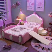 Letto imbottito per bambini 90x200 cm in PU rosa e beige con corona; LED; scivolo e scaletta per cameretta