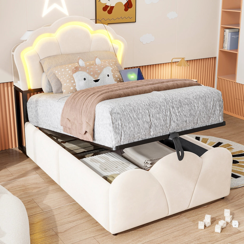 Letto imbottito 90x200 cm beige con contenitore, LED e prese