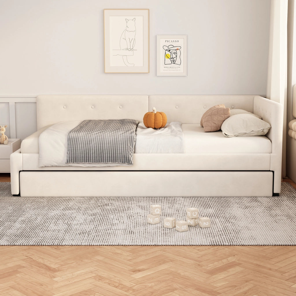 Letto singolo 90x200 cm con letto estraibile; struttura imbottita beige in velluto
