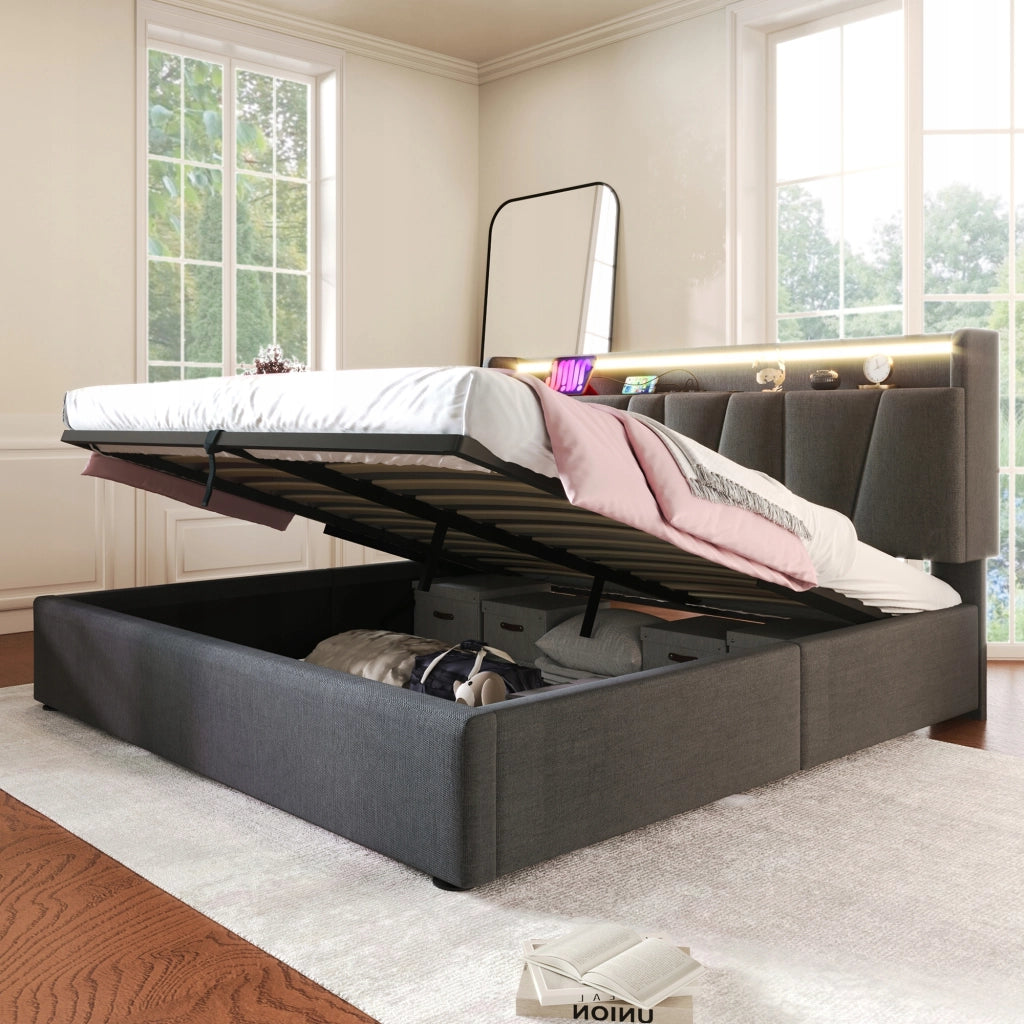 Letto imbottito con LED e USB - Xylo - 140x200 - Grigio