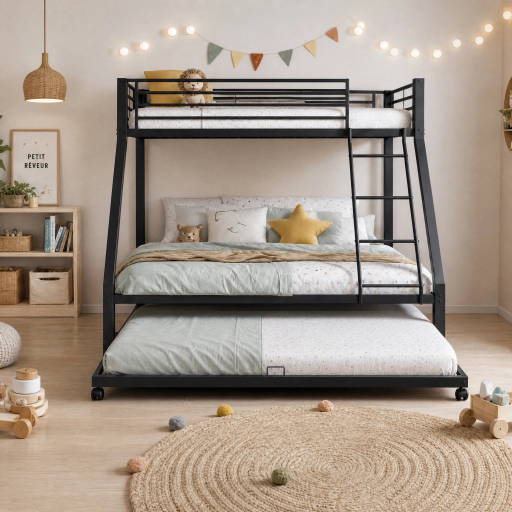 Letto a castello in metallo nero 90 × 200 cm e 140 × 200 cm con letto estraibile 90 × 190 cm fino a 550 kg