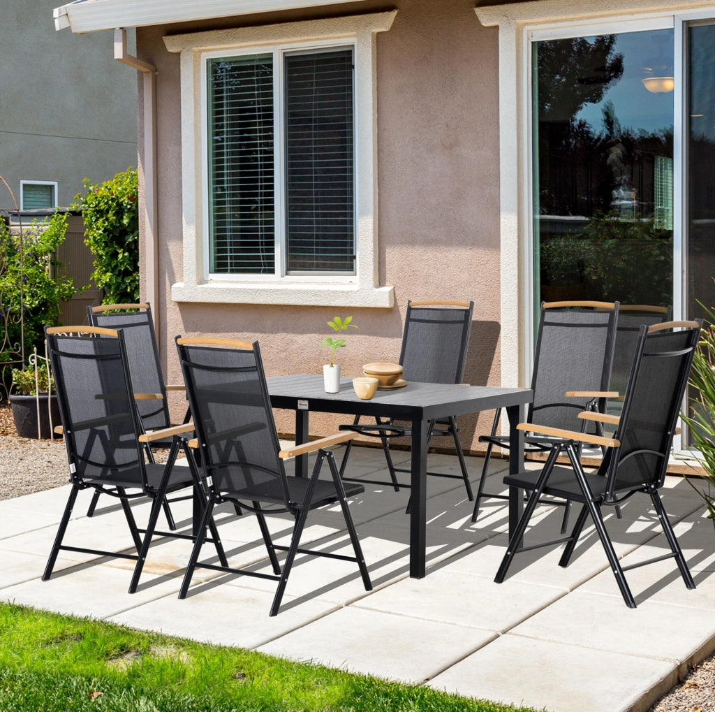 Set da giardino pieghevole per 6 persone con tavolo in alluminio e sedie nere in rete