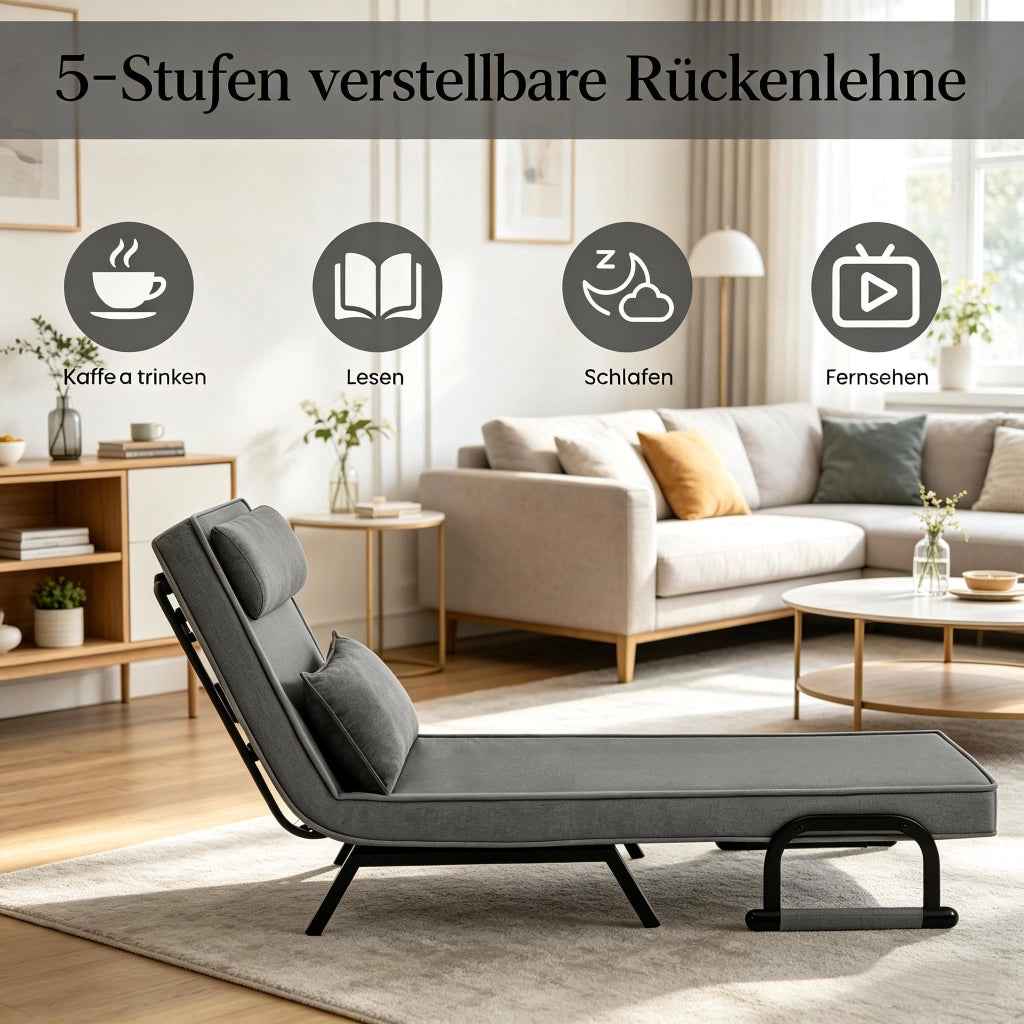 Poltrona letto convertibile pieghevole 3 in 1 con schienale regolabile e cuscino, in lino, metallo e schiuma grigio