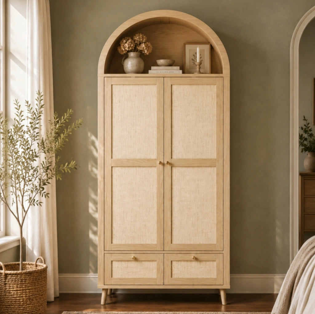 Armadio con 2 ante e 2 cassetti 180 cm in MDF con finitura rovere e rattan beige, design ad arco con appendiabiti e ripiano aperto