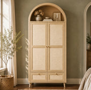Armadio con 2 ante e 2 cassetti 180 cm in MDF con finitura rovere e rattan beige, design ad arco con appendiabiti e ripiano aperto