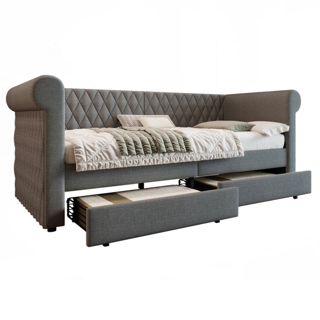 Materasso 90x200 cm con cassetti; testiera contenitore; Lino; Grigio