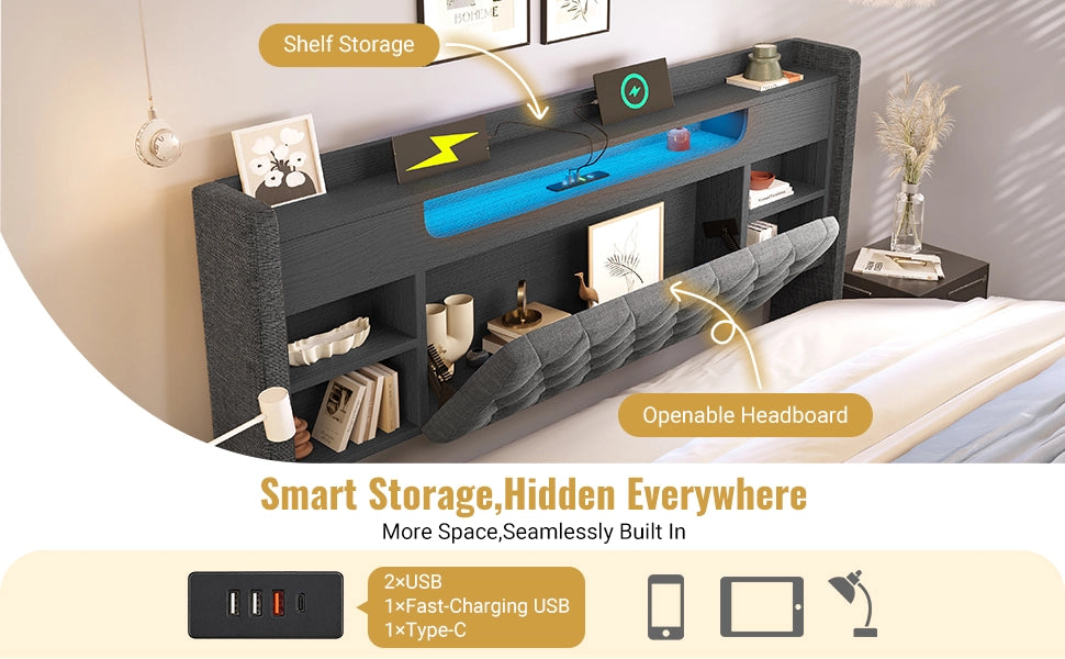 Letto imbottito 160 × 200 cm con contenitore idraulico LED USB e USB-C testiera con ripiani grigio