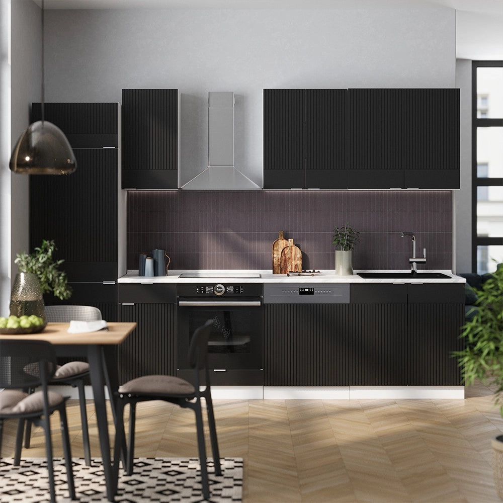 Cucina componibile Fame-Line Nero rigato/Bianco 300 cm, PL Marmo Vicco
