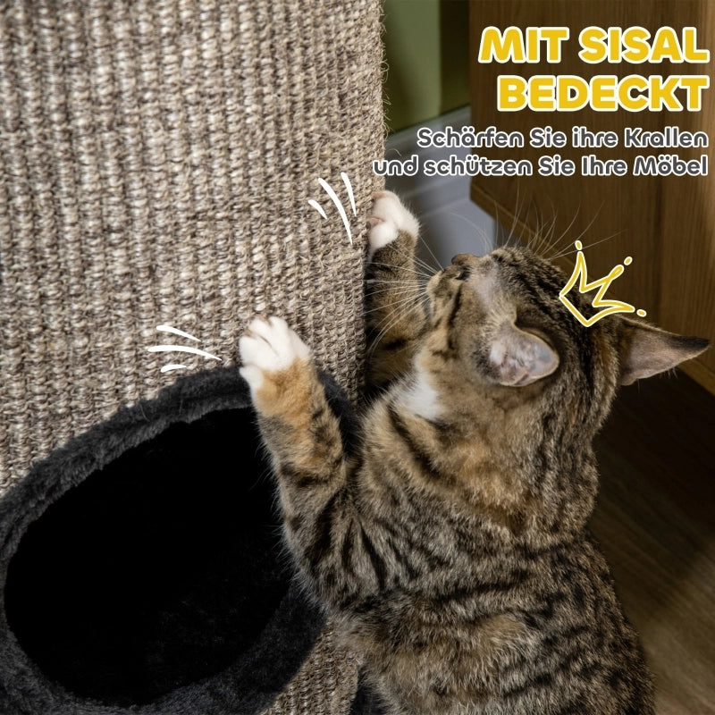 Tiragraffi a torre per gatti con 3 livelli rivestimento in corda di sisal e peluche grigio chiaro Ø 38 × 70 cm
