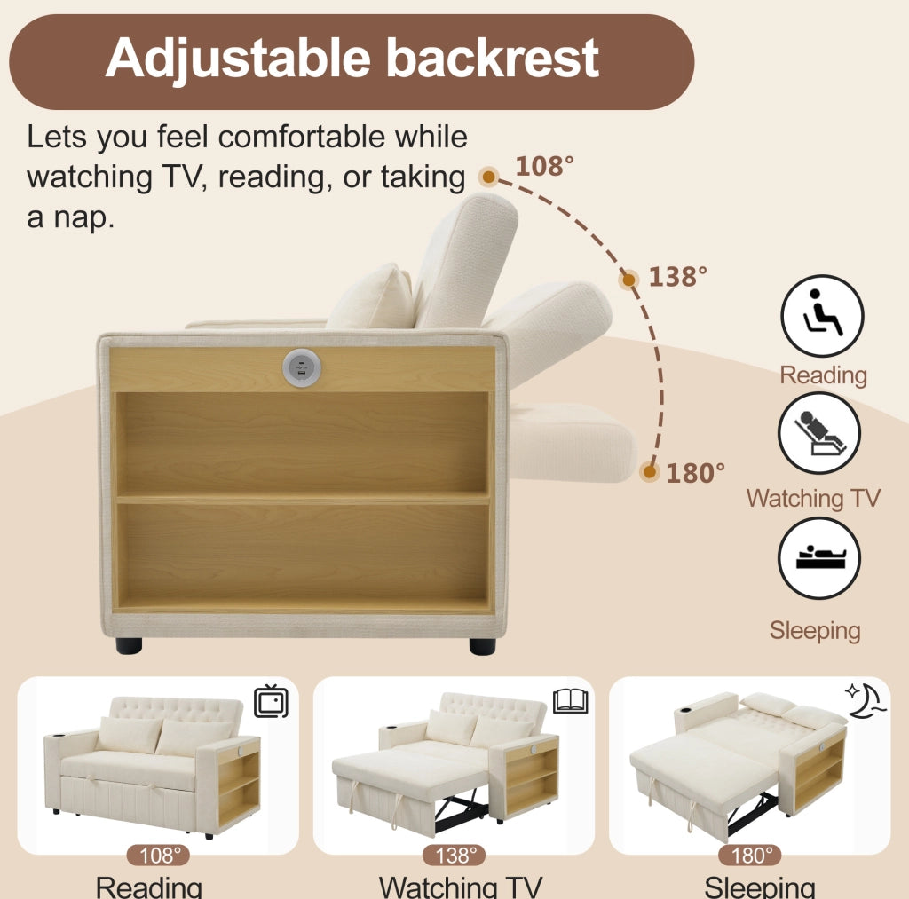 Divano Letto Multifunzionale Beige in Chenille con Contenitore, Porta USB e Porta Bicchieri, 2 Posti, 140x137x84 cm