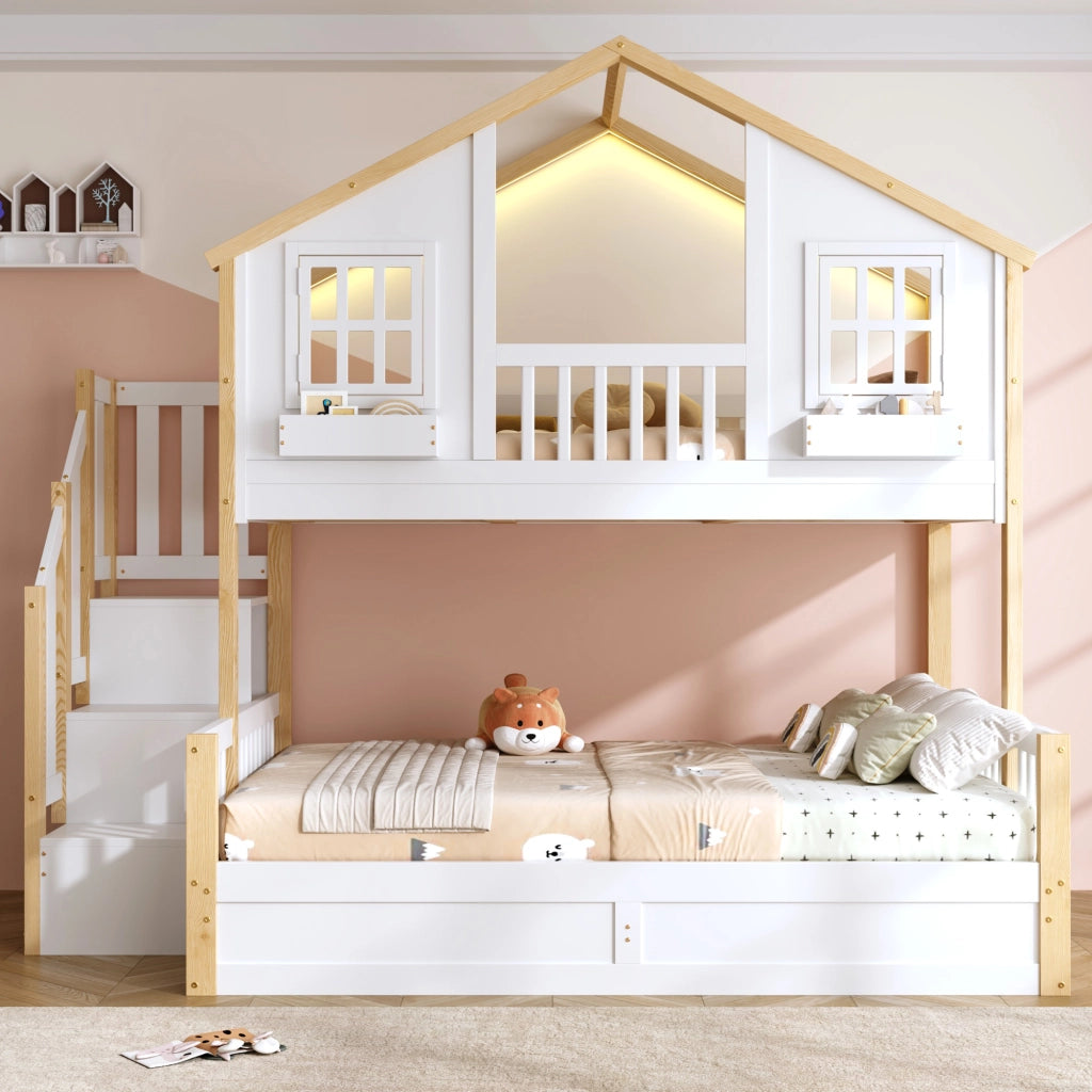 Letto a castello 90x200 e 140x200 con LED; scala contenitore; bianco