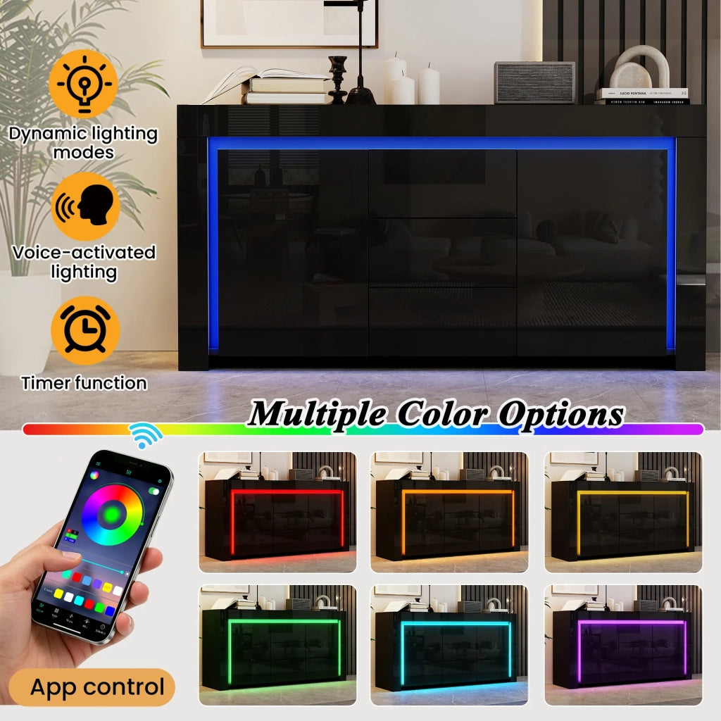 Mobile soggiorno moderno nero 140x40x65 cm, cassettiera con 3 cassetti e 2 ante, finitura lucida, striscia LED. Per corridoio, ufficio