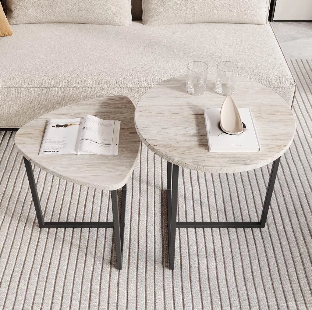 Set di 2 tavolini da salotto a cuore in truciolare e acciaio inox rovere bianco