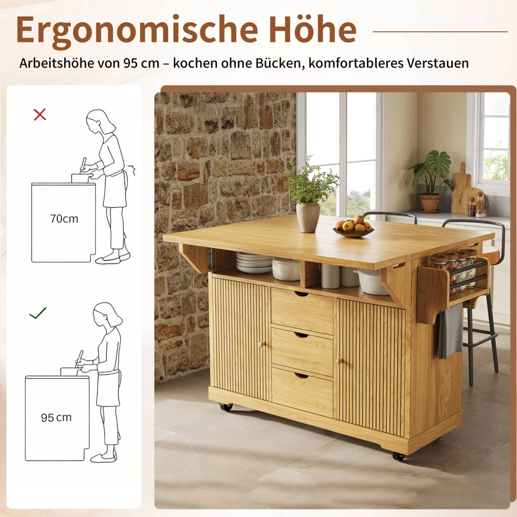 Carrello da cucina con piani laterali pieghevoli 3 cassetti ripiani regolabili in MDF con ruote bloccabili marrone
