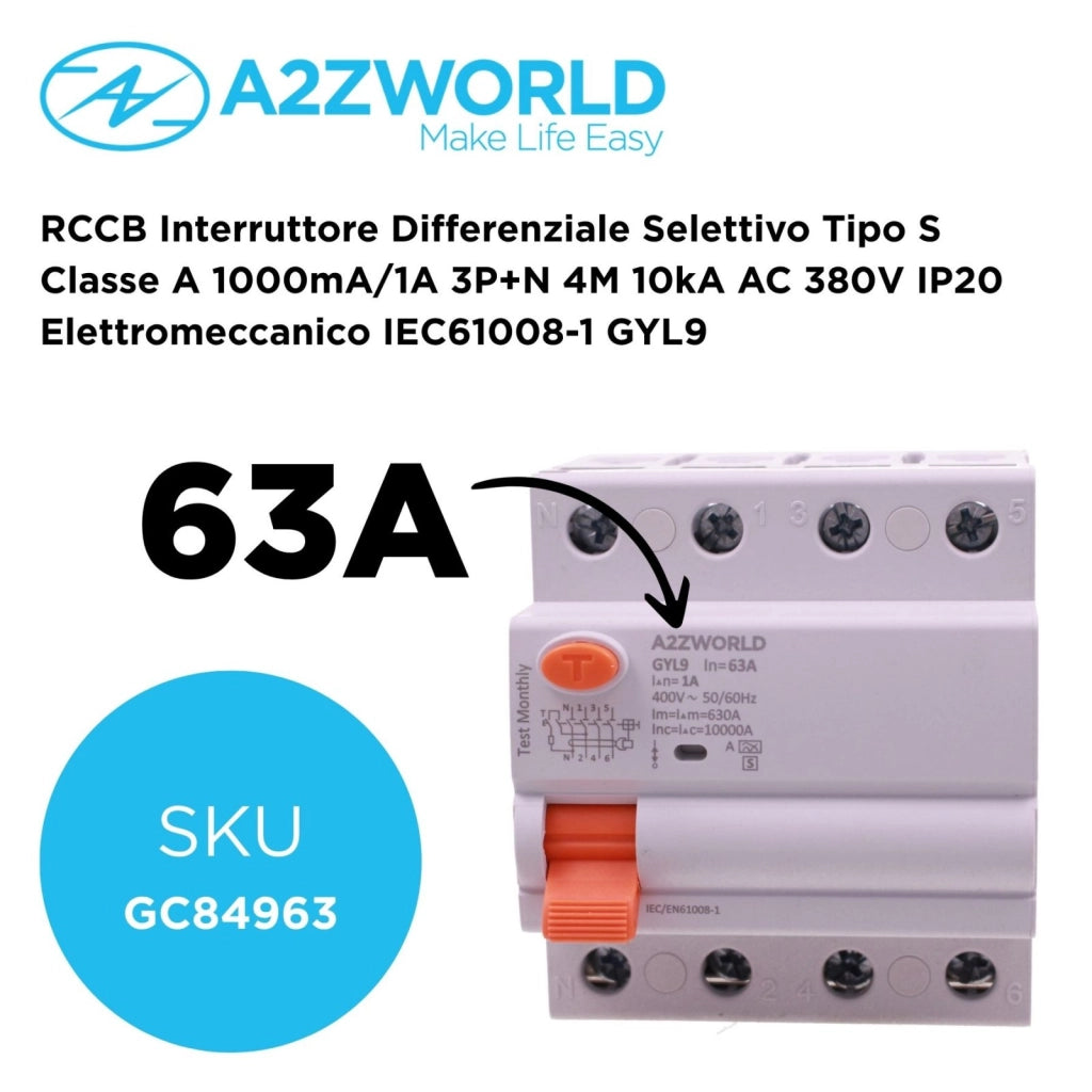 RCCB Interruttore Differenziale Selettivo Tipo S Classe A 1000mA/1A 3P+N 4M 10kA AC 380V IP20 Elettromeccanico IEC61008-1 GYL9, Corrente Disponibili 63A 100A (63A)