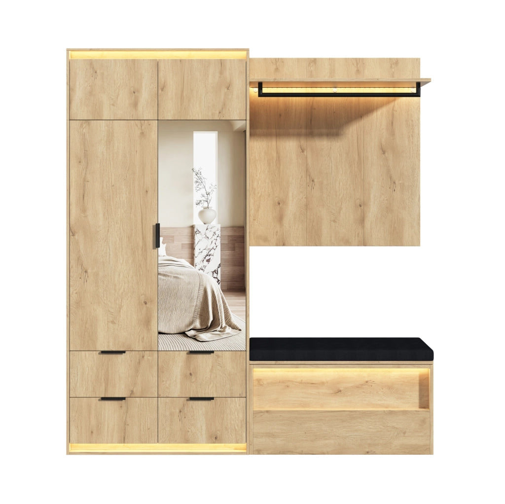 Set mobile ingresso 180x47x200 cm con armadio; specchio; panca imbottita e LED HOMVRA