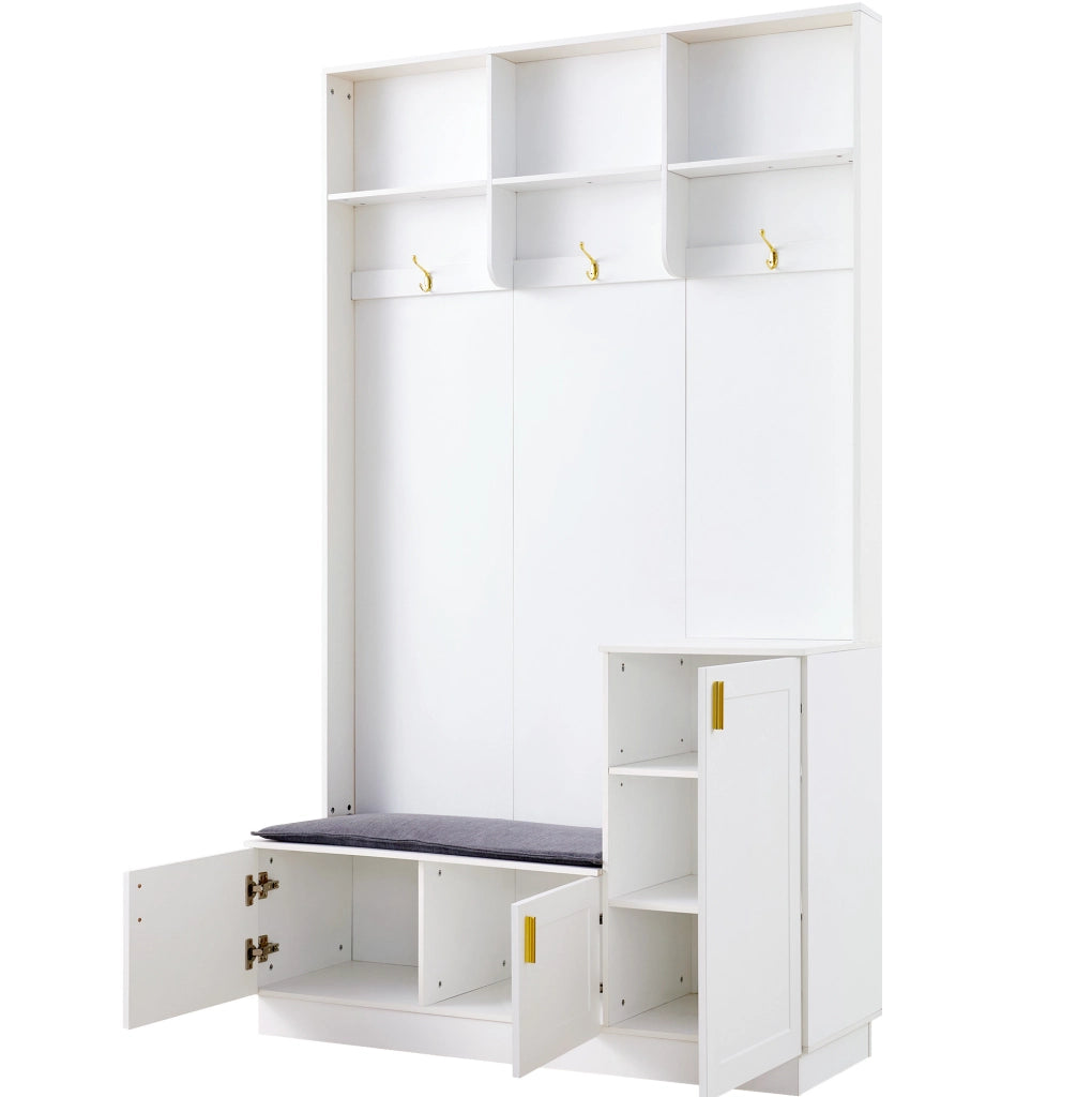Set appendiabiti con panca e porta scarpe, panca multifunzionale con 3 ganci appesi e spazio aperto, bianco, 120x40x200 cm