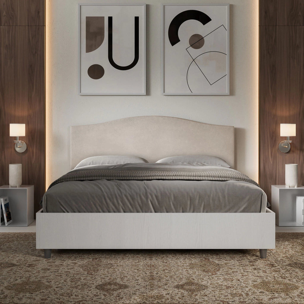 BS COM Letto matrimoniale con rete 160x190 bianco frassino testata microfibra sabbia