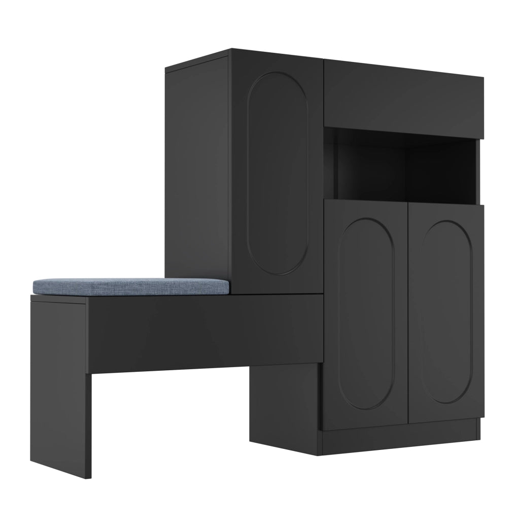 Scarpiera 2-in-1 con seduta imbottita, ante curve soft-close, ripiani regolabili, nero, 130×35×110 cm