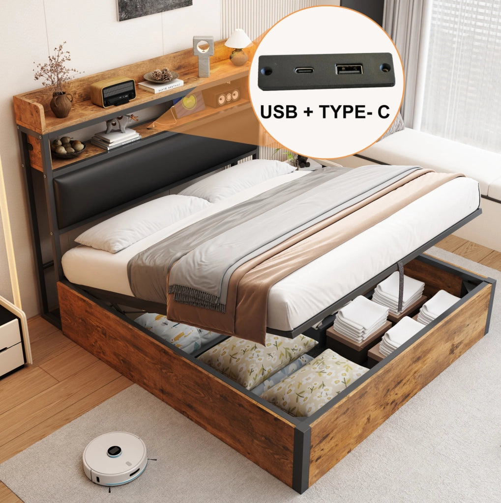Letto contenitore 140x200 cm con USB e testiera con vano; nero