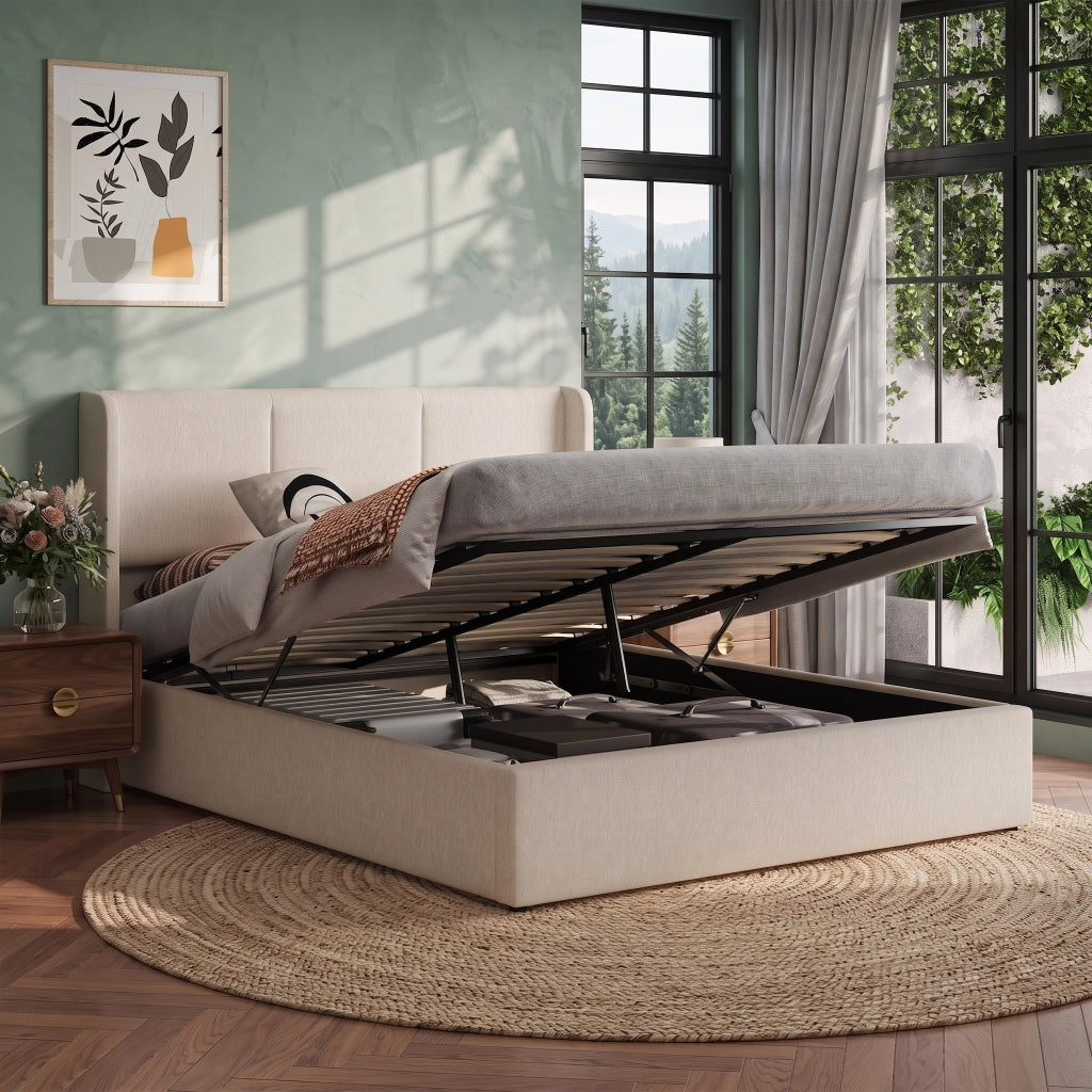 Letto matrimoniale contenitore 140x190 cm con testiera imbottita rete a doghe e vano contenitore idraulico in lino-beige