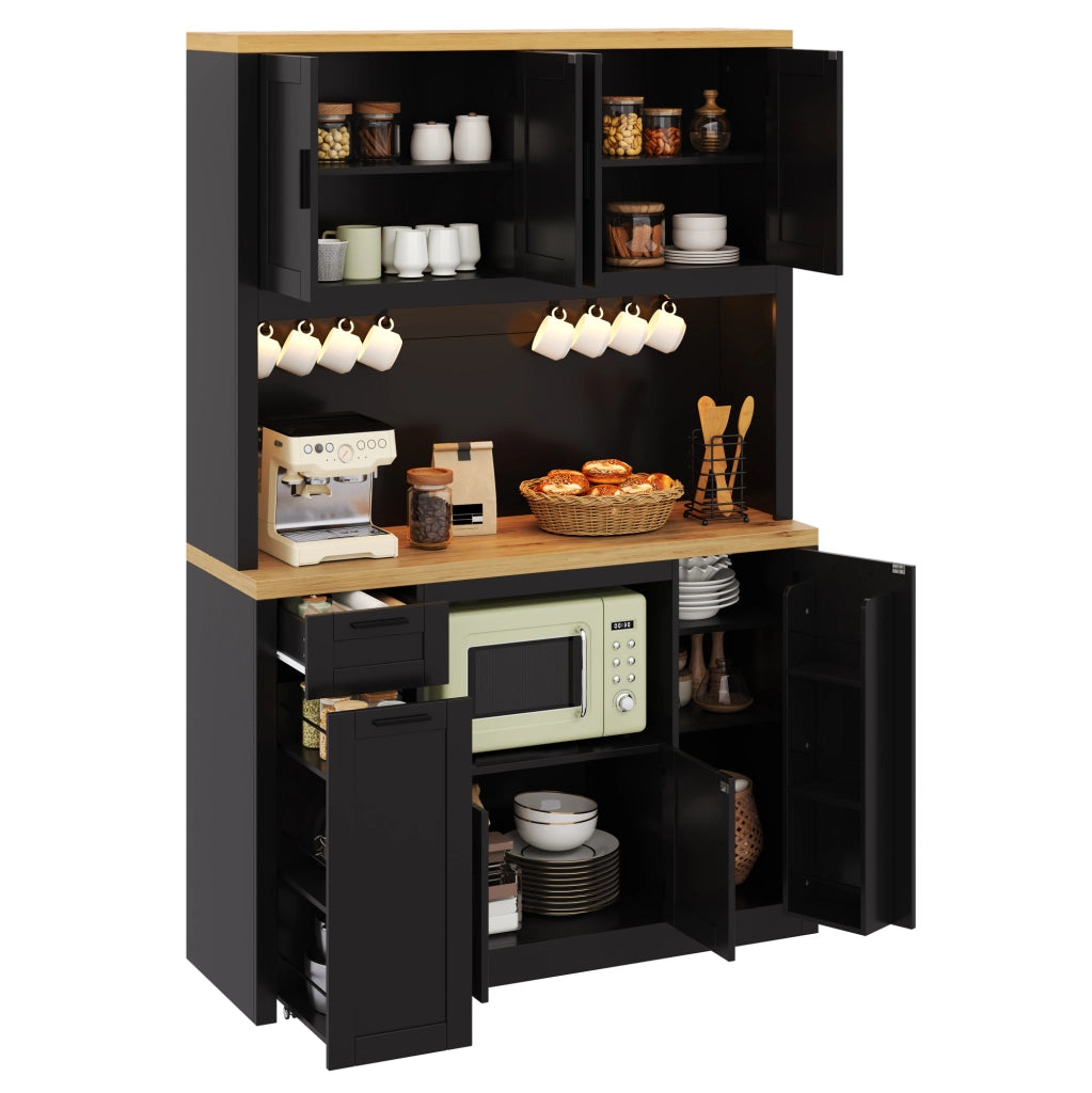 Mobile da cucina 120x40x182 cm con LED RGB, prese e USB, cassetti e ripiani regolabili in MDF