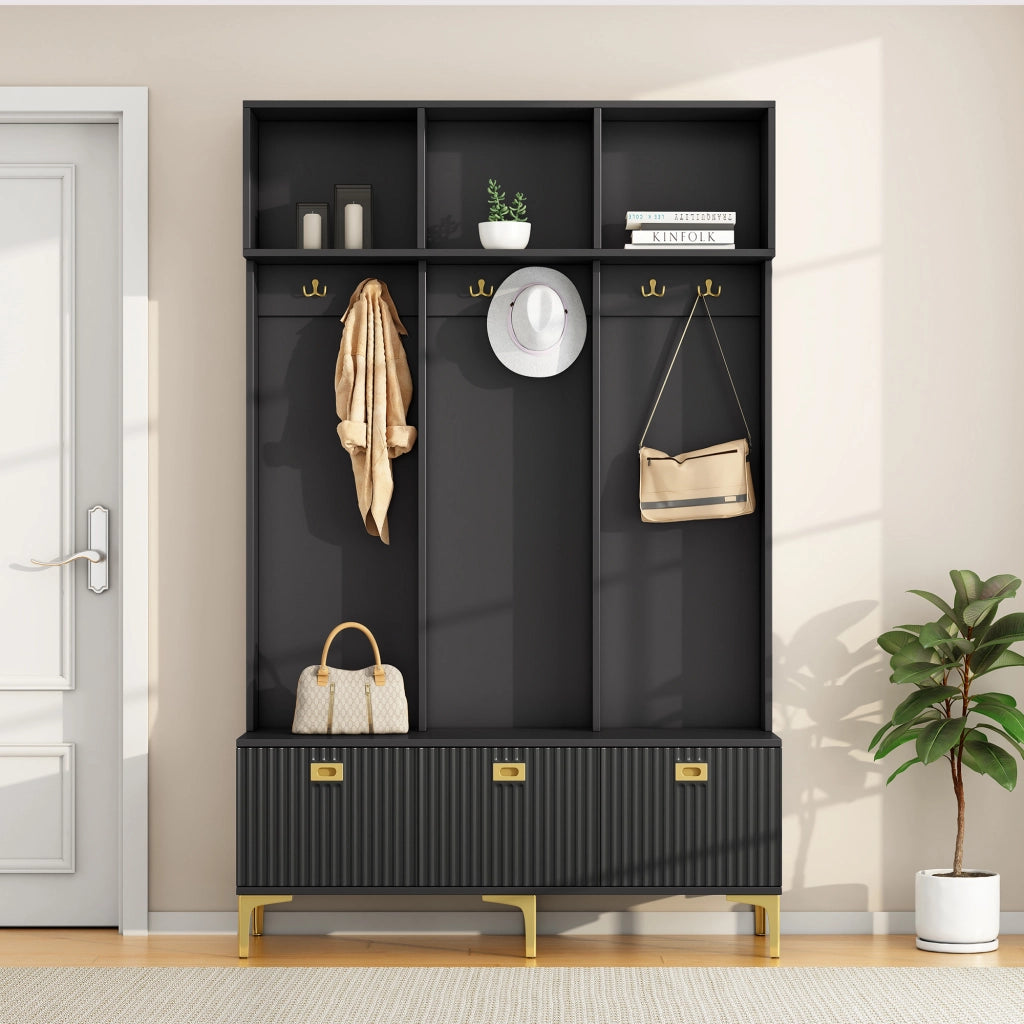 Mobile da ingresso con panca contenitore, 6 ganci dorati e ripiani per scarpe, nero, 120 × 23.5 × 191.5 cm