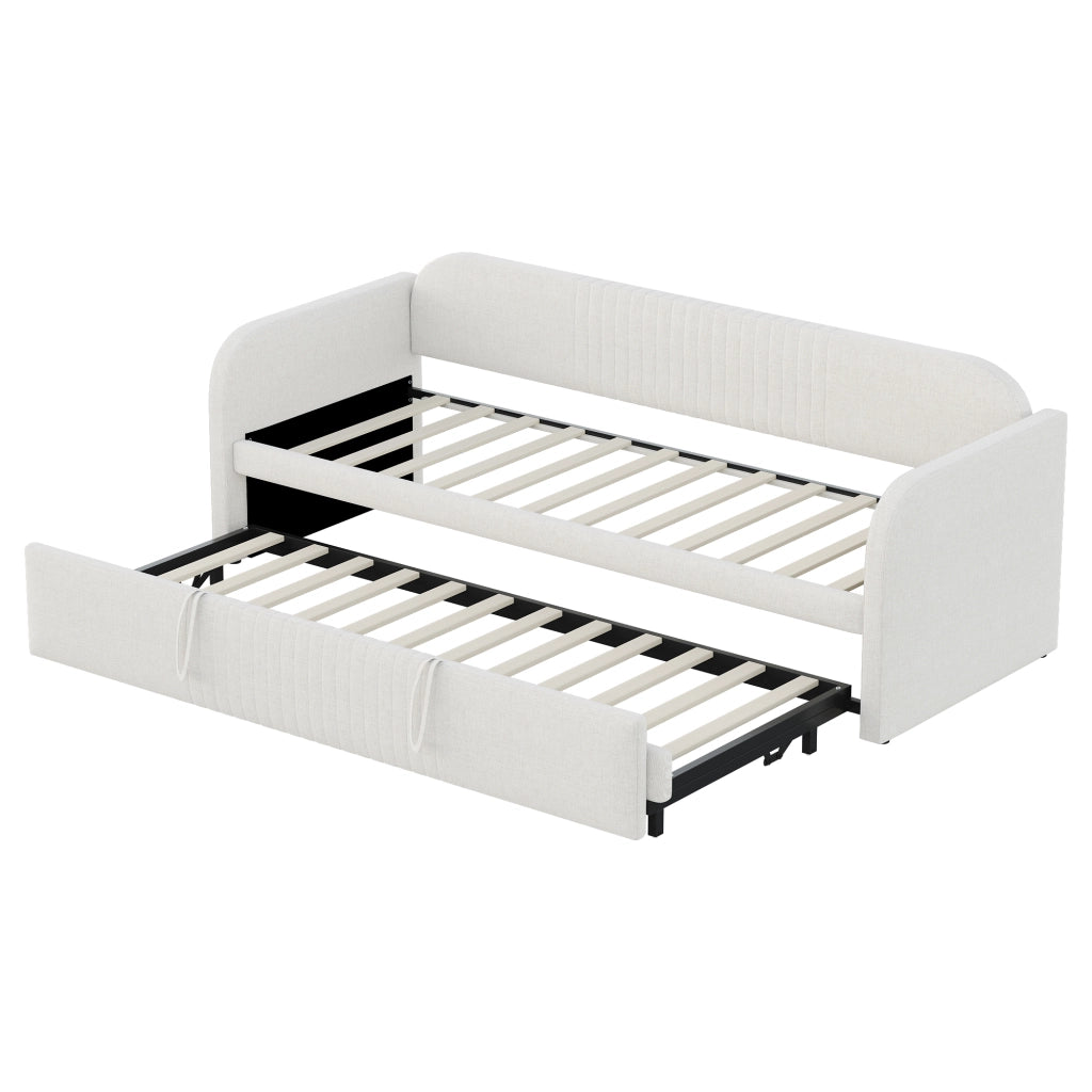 Divano letto imbottito 90x190 cm allungabile a 180x190 cm; beige; con rete a doghe