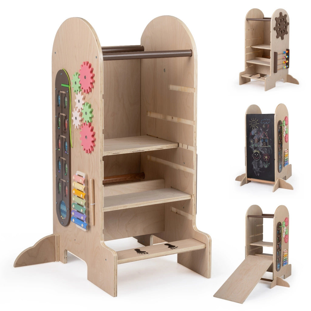 Torre montessoriana per bambini con 5 in 1 scala regolabile in altezza in legno, Sgabello a scaletta lavagna scivolo sgabello e giochi