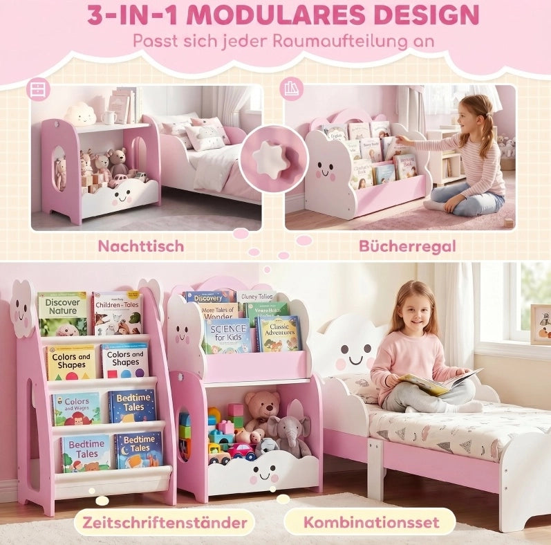 Libreria modulare per bambini 3 in 1 rosa in MDF