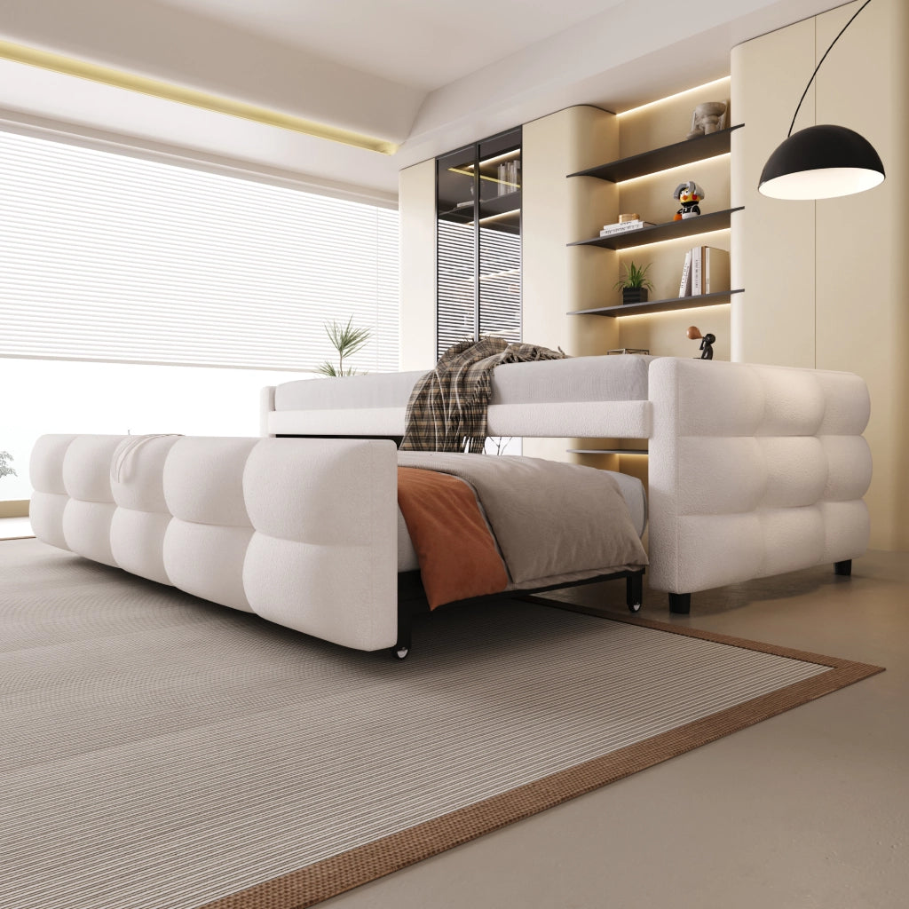 Letto imbottito estraibile 90/180 x 190 cm con rete a doghe; tessuto teddy beige; divano letto salvaspazio