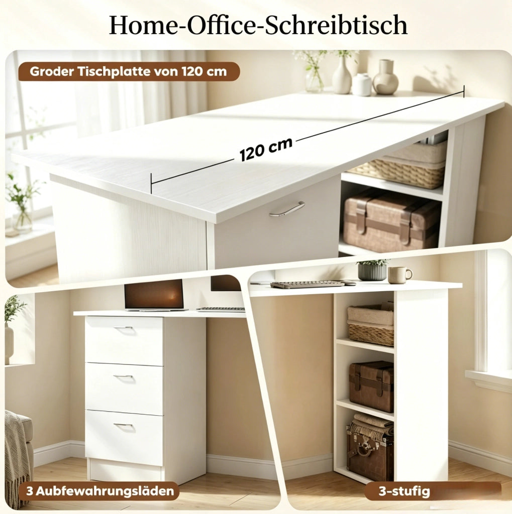 Scrivania per computer in MDF bianco con 3 cassetti e 3 ripiani