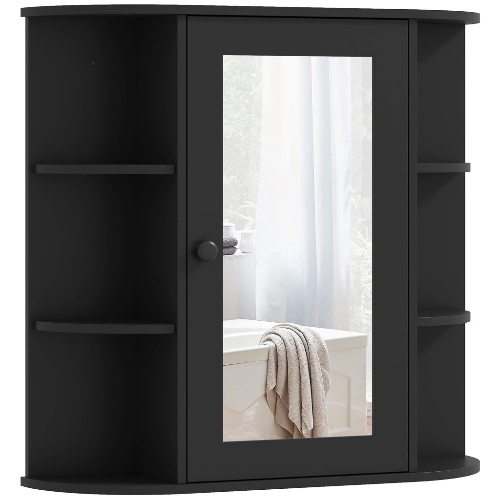 Specchiera Bagno con 6 Ripiani Aperti e 2 Chiusi, in Legno e Vetro, 66x17x63 cm, Nero