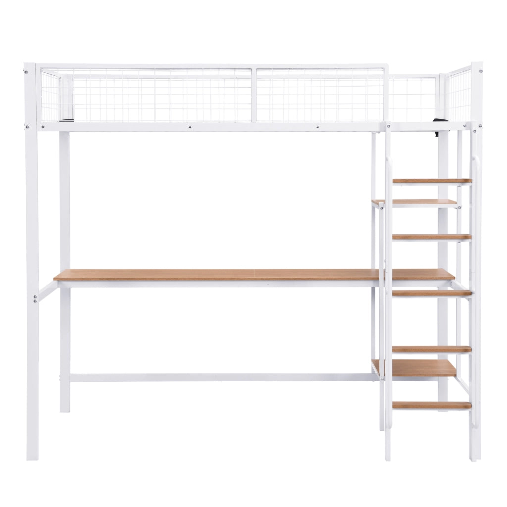 Letto a soppalco 90 × 200 cm con scrivania, scaffali e scala a 5 gradini, senza materasso, bianco naturale