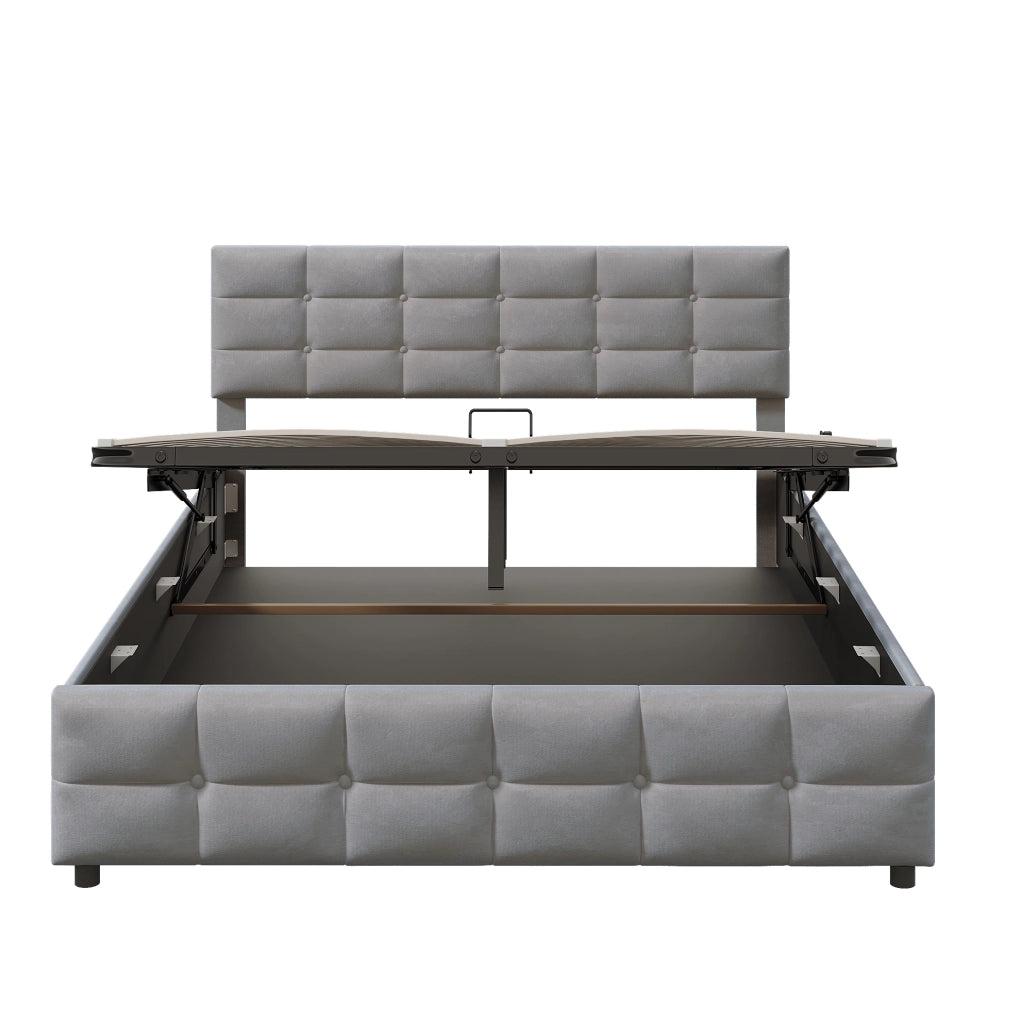 Letto imbottito con rete a doghe e sollevamento idraulico, grigio