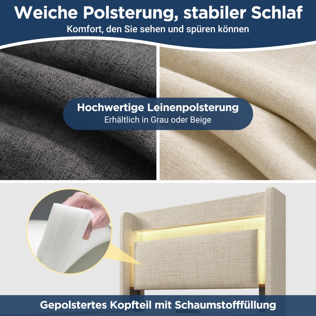 Letto Contenitore Singolo Imbottito 90x200 cm con Sollevamento Idraulico; LED; USB; USB-C; Beige