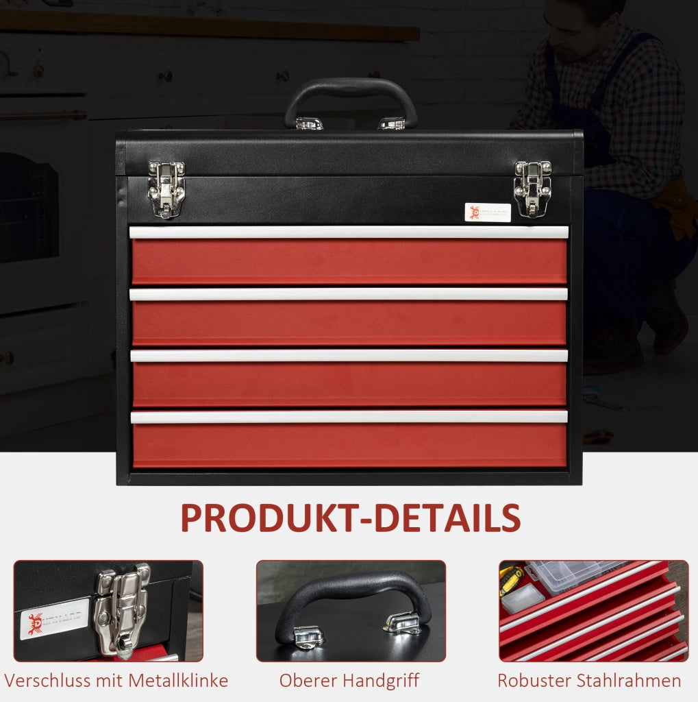 Cassettiera per utensili in acciaio con 4 cassetti e serratura, 51x22x39,5 cm, nero e rosso