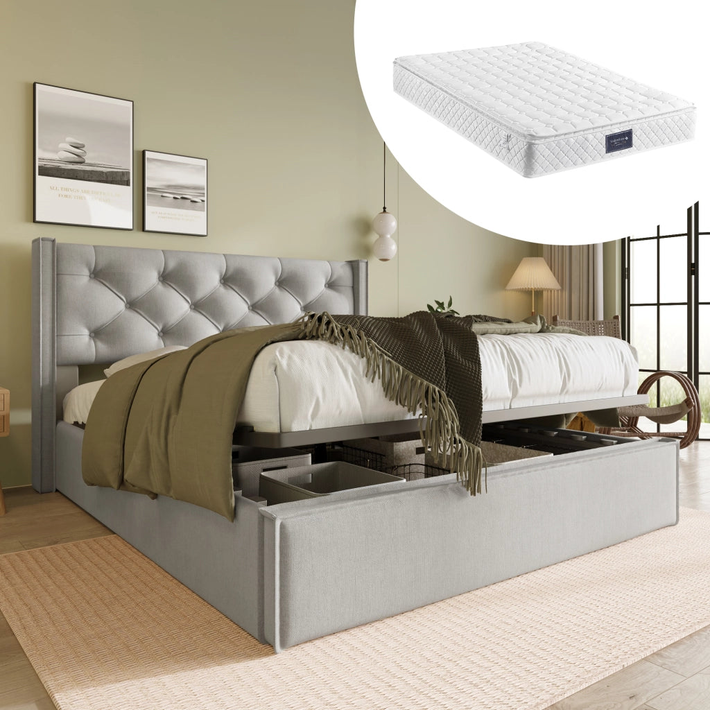 Letto imbottito 140x200 cm grigio chiaro con contenitore